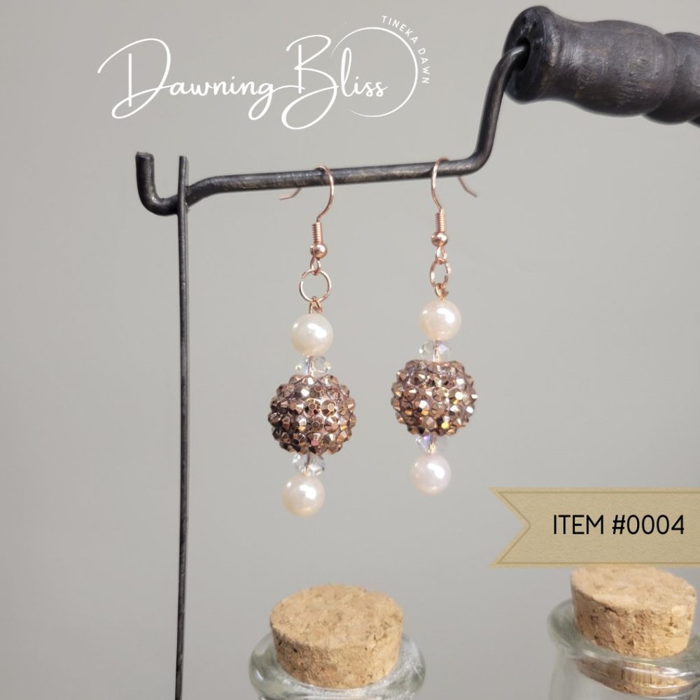 Glitzy Rose Gold and Faux Pearl Dangle Earrings- Beads- Tineka Dawn